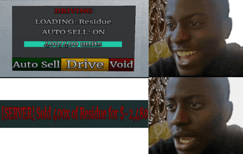 a man is smiling in front of a screen that says driving loading residue auto sell on 400/400 units
