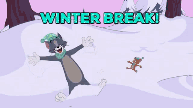 a cartoon of tom and jerry making snow angels in the snow