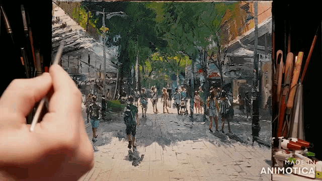 a painting of people walking down a street with the words made in animatica below it