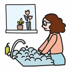 a cartoon drawing of a woman washing dishes in a sink