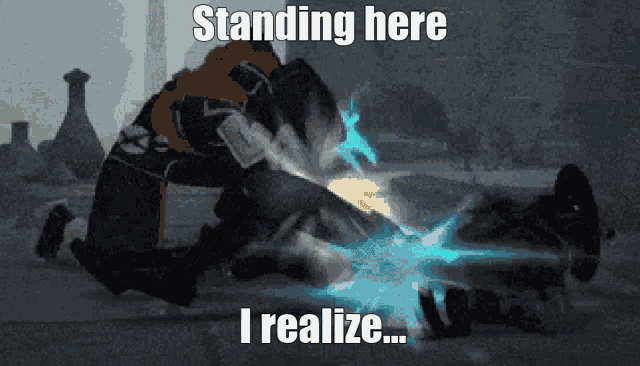 a picture of a monster with the words standing here i realize below it