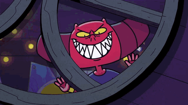 a cartoon character with a huge smile on his face is behind a fence