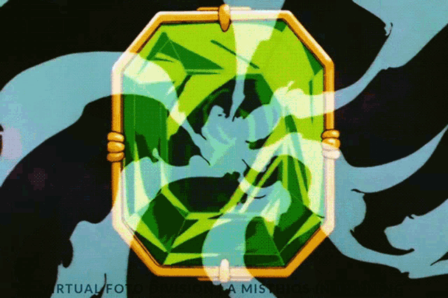 a picture of a green emerald with a gold frame and the words virtual / fot on the bottom right