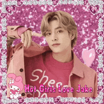 a picture of a boy in a pink jacket and sweater with the words hot girls love jake