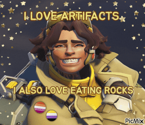 a picture of a man with the words i love artifacts i also love eating rocks on it