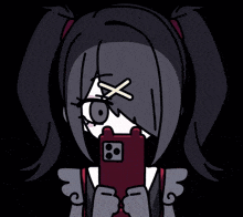 a drawing of a girl with a cross on her forehead holding a red phone