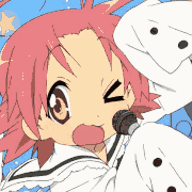 a girl with pink hair is holding a microphone and making a funny face