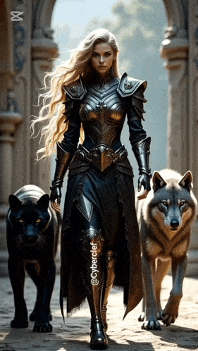 a woman in armor is walking with two wolves and a panther