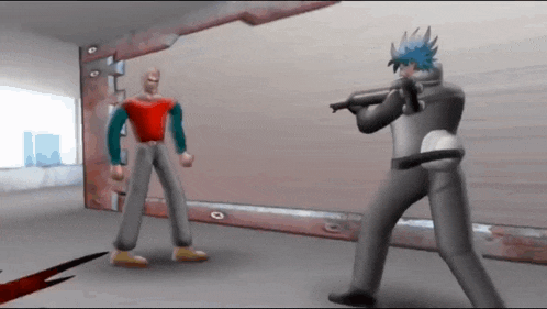 a man with a gun standing next to another man in a video game