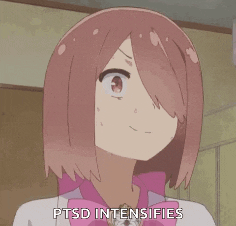 a close up of a cartoon girl with pink hair saying ptsd intensifies