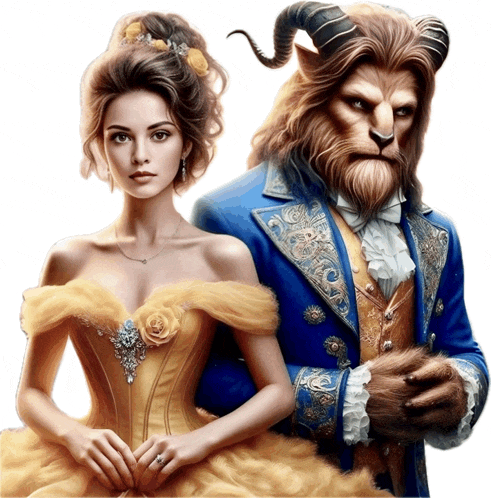a woman in a yellow dress stands next to a beast in a blue suit