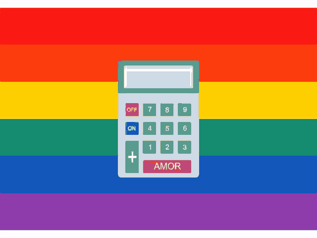 a rainbow flag with a calculator that says amor on it