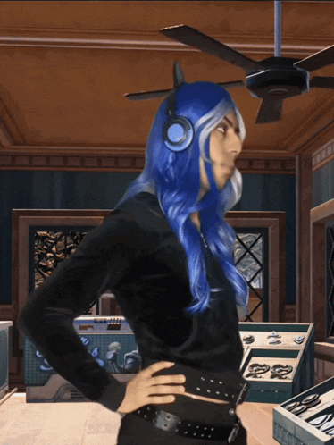 a woman with blue hair wearing headphones stands in a room
