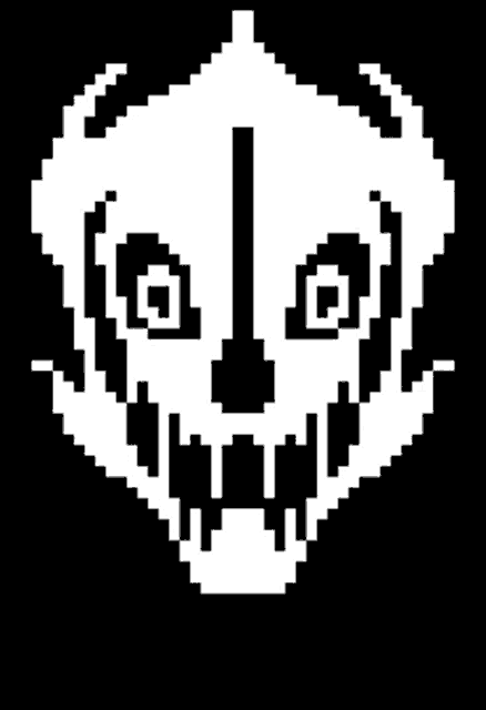 a pixel art drawing of a skull with a sword in its mouth