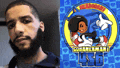 a man with a beard is standing next to a picture of a cartoon character .