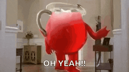a cartoon character is standing in a living room with the words `` oh yeah ! ''