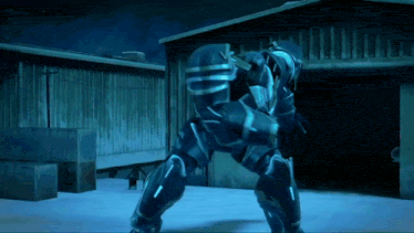 an animated robot is standing in front of a building at night
