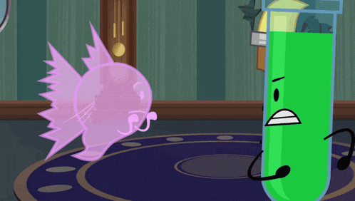 a cartoon of a pink fish and a green test tube with a face