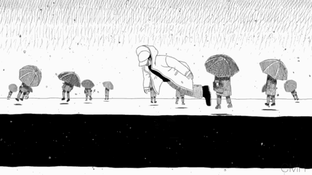 a black and white drawing of a man walking in the rain with umbrellas .