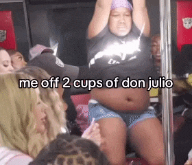 a woman on a pole with the words me off 2 cups of don julio on the bottom