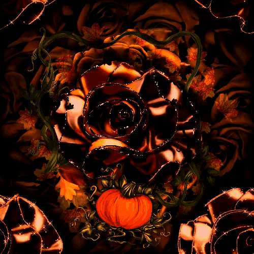 a pumpkin is in the center of a rose on a dark background
