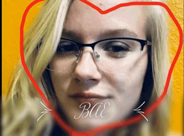 a woman wearing glasses is surrounded by a red heart and the word bae