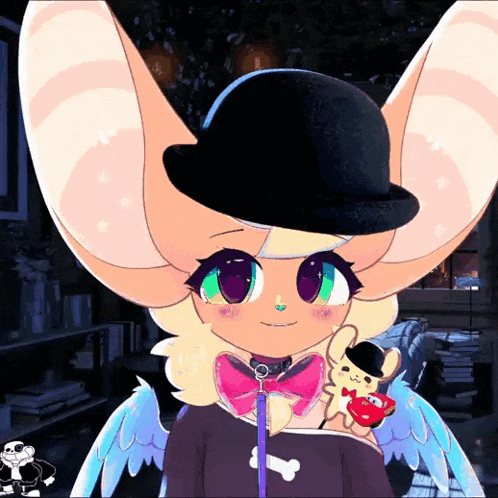 a cartoon character wearing a bowler hat and a bow tie
