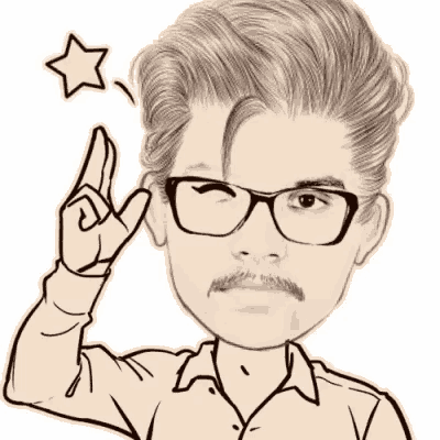 a drawing of a man wearing glasses and a mustache giving a peace sign