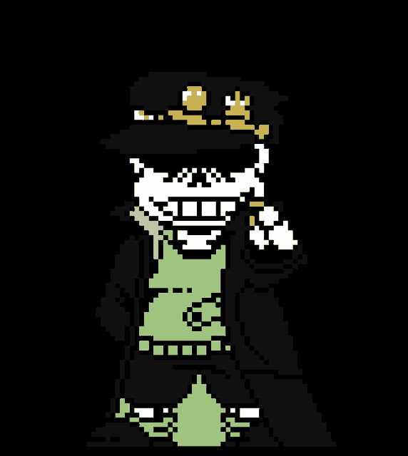 a pixel art of a skeleton wearing a black hat and a green shirt .
