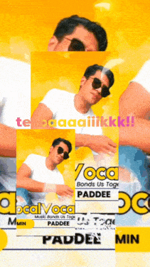 a man wearing sunglasses and a white shirt is on a yellow background that says local vocal