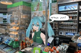 a cartoon of hatsune miku talking to a customer in a grocery store .