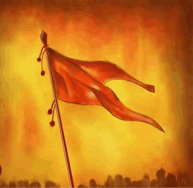 a painting of a red flag on a pole with a crowd in the background