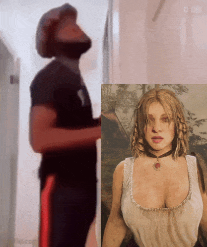 a man standing next to a picture of a woman with a necklace on her neck