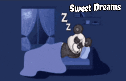 a panda bear is sleeping on a bed with the words sweet dreams written above it