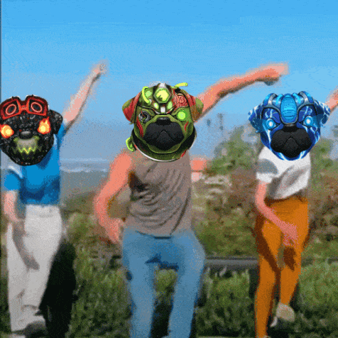 a group of people are dancing with pugs on their heads