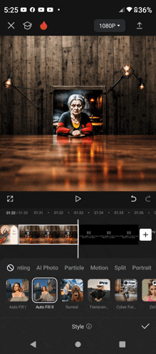 a screenshot of a video editing app shows a woman sitting at a table in front of a picture