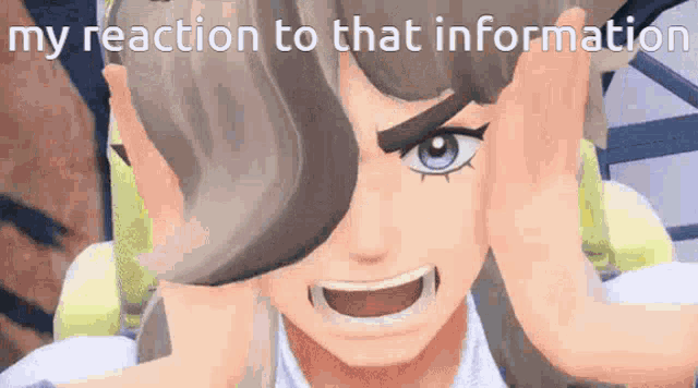 a cartoon character is covering her ears with her hands and the words my reaction to that information are above her head .