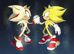 shadow the hedgehog and super sonic shake hands in a cartoon