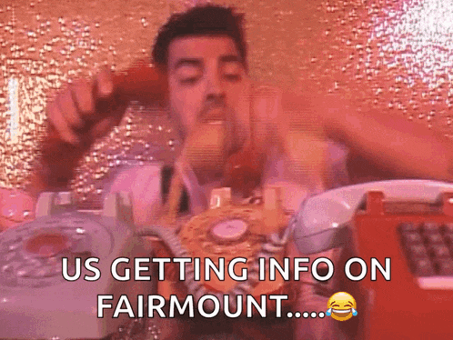 a man talking on a rotary phone with the words " us getting info on fairmount "