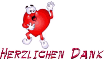 a cartoon heart with arms and legs is waving with the words herzlichen dank below it
