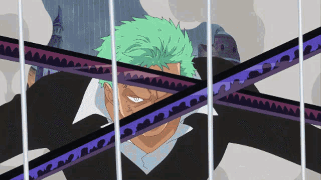 a man with green hair is behind bars with a purple and black ribbon