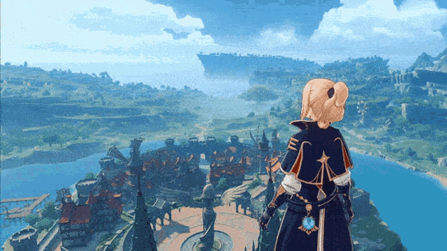 a video game character is standing on top of a city