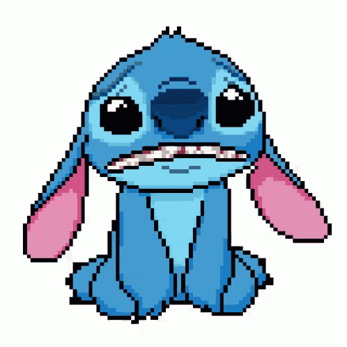 a pixel art drawing of stitch with pink ears and teeth