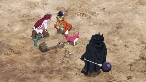 a group of anime characters including a pink fox and a black cat