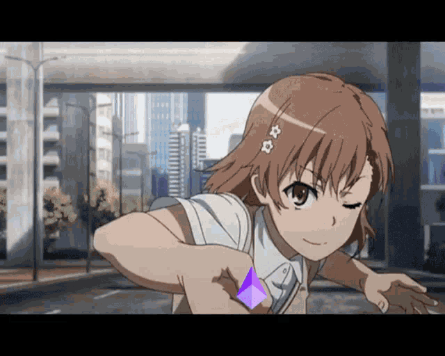 a girl with a purple triangle on her shoulder