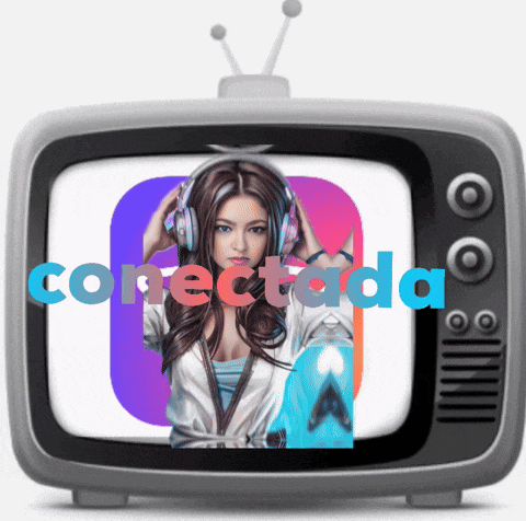 a woman wearing headphones and holding a skateboard is shown on a television screen with the words conectada written below her