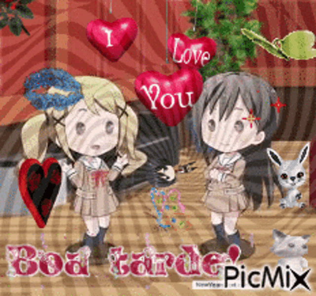 two girls are standing next to each other with hearts and the words " i love you "