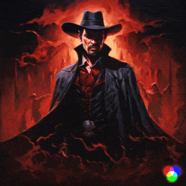 a painting of a man in a cowboy hat surrounded by fire
