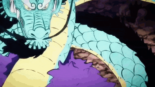 a close up of a cartoon dragon with a purple tail and a blue head .