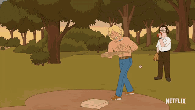 a cartoon of a man standing on a base with a netflix logo behind him